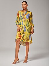preiswerte Blumenkleider-Damen Hemdkleid lässig V-Ausschnitt asymmetrischer Saum geteiltes Design Kürbis-Print gelb
