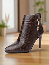 abordables Bottines-Bottines à talons hauts à motif crocodile noir pour femmes - bottines à talons aiguilles à bout pointu en similicuir avec brides décoratives et breloques en strass pour des tenues élégantes