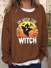 abordables Sweatshirt et Hoodie d&#039;Halloween-Sweatshirts Femme Halloween Graphique Chauve-souris Lettre Vintage Mode Décontractée Manches Longues Col Ras du Cou Tops Normaux Imprimé Décontracté Noir Rouge Marron Vert Kaki Automne Hiver