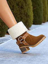 baratos Botas de neve e inverno-Botas femininas de camurça sintética com punho e fivela de pele de carneiro – botas casuais de inverno com salto grosso para atividades ao ar livre, viagens e looks aconchegantes