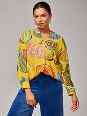 ieftine Bluze și cămăși-Top de damă casual cu umeri căzuți, guler înalt, pliuri inversate, imprimeu dovleac, galben