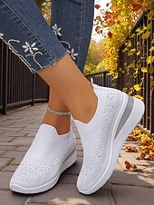 preiswerte Damen-Sneaker-Pinke Flyknit-Slip-On-Sneaker mit Strasssteinen für Damen – atmungsaktive, leichte Keilschuhe zum Spazierengehen, für Fitness und den lässigen Alltag