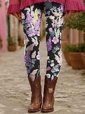 tanie wzór kwiatowy-Damskie Getry Urlop Zabytkowe Moda Do kostek Wysoka talia Kwiaty Graficzny Drukowanie Keep Warm Miękka Oddychający Elastyczny Formalny Na zewnątrz Urlop Żółty Fioletowy Pomarańczowy Zielony Lato