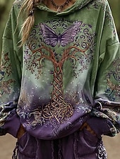 preiswerte Boho Tops-Damen 3D-Druck Vintage Boho Hoodie Patchwork Hoodie Sweatshirt Floral Pullover Sweatshirt Schmetterling Lässig Langarm Kapuzenpullover Party Abendgarderobe Street Alltagsbekleidung Grün Frühling