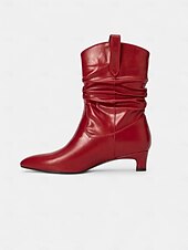 tanie Buty typu slouch-Damskie czerwone botki typu slouch z miękką, marszczoną cholewką, na niskim klockowym obcasie, szykowne obuwie w miejskim stylu dla kobiet, idealne do codziennych, swobodnych stylizacji i miejskich