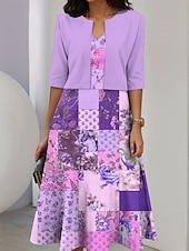 abordables Robe Fleurie-Femmes Robe Ensemble Robe trapèze Robe Midi Élégant Occasionnel Fleuri Graphique Patchwork Imprimé Robe Midi Demi Manches Col ras du cou Vacances Date Rose Claire Bleu Violet Été Printemps Coupe