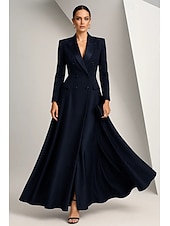 preiswerte Smokingkleider-schwarzes Smokingkleid Blazerkleid A-Linie Kleid für die Brautmutter elegantes spitzes Revers bodenlanges Stretch-Satin Langarm mit Volltonfarbe 2025