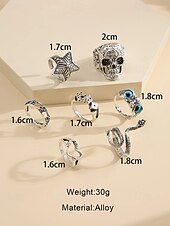 economico Accessori di Halloween-Set di anelli gotici da donna per Halloween: anelli regolabili vintage in argento con teschio, serpente, stella e dadi per feste, cosplay e vita notturna