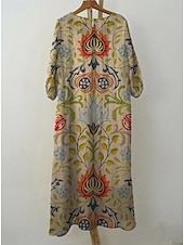 billiga Blommig klänning-Kvinnors Maxiklänning Kaftan 3/4 Lång Ärme Crew Neck Avslappnad Shift Klänning A-linjeformat Klänning Klänning Boho Daglig Semester Dejtdress Blommig Grafisk Mörk Gul Ljus Rosa Gul Ljus Grön
