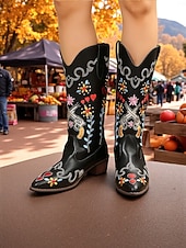 levne Cowboy &amp; Western Boots-Dámské vyšívané kovbojské boty do západního stylu s motivy zbraní a srdce - boty do poloviny lýtek vyjadřující lásku a mír, stylová městská ležérní obuv pro módní ženy
