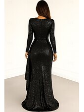 baratos Vestidos de Noite-Vestido de noite elegante, vermelho, azul, com lantejoulas, comprimento até o chão, manga comprida, gola redonda com pregas brilhantes, 2025