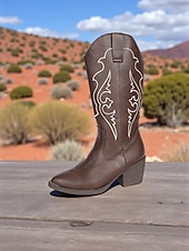 abordables Cowboy y botas occidentales-Botas vaqueras estilo western para mujer, color marrón moca, con detalles bordados en blanco y tacones de bloque, estilo bohemio estilo western.
