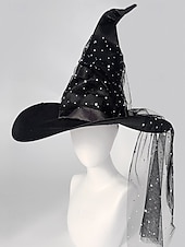 levne Halloweenské doplňky-Dámský halloweenský čarodějnický klobouk – černý satén s hvězdnými třpytkami a průsvitným tylovým závojem – ideální pro halloweenské kostýmy a večírky