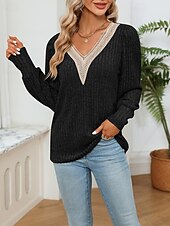 halpa Yksinkertaiset paidat-Naisten Neulos Pusero Päivittäin Tyylikäs Vapaa-aika Väripalikka Joustin V kaula-aukko Kudottu Pitsinauhat Pitkähihainen Tavalliset topit Neuloa Päivittäin Pyhäpäivä Bile Viininpunainen Musta Syksy