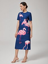 baratos Vestidos Florais-vestido longo elástico com estampa de flamingo