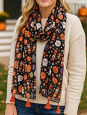 ieftine Accesorii de Halloween-Eșarfă pentru femei cu imprimeu de dovleac sau fantomă de Halloween – șal ușor cu ciucuri și imprimeu de dovleac pentru petreceri costumate, modă de toamnă și ținute festive