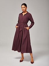 economico Abiti floreali-Abito da donna casual boho maxi a vita media in lyocell rosso vino, comodo e traspirante, con cintura regolabile