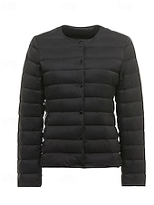 billige Dunjakker-Dame Dunjakke Pufferjakke Hold Varm Bekvem Lomme Knapper Fritid عادي Ferie Ut på byen Fritid / hverdag Enkeltkneppet Normal Crewneck Normal Langermet Yttertøy Marineblå Svart Hvit Høst Vinter