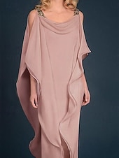 billiga Golvlängd-Strand Bröllop Sheath Mor till Bruden Klänning Bröllop Gäst Elegant Plus Size Juvel Uringning Golvlängd Chiffong Halv Ärmm med Pärlbrodering Kaskad Volanger fri skräddarsydd storlek