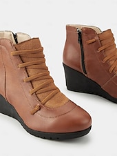 abordables Bottines-Bottines compensées en similicuir marron pour femme avec fermeture éclair latérale – bottines à lacets décontractées et confortables pour le travail, le shopping et les voyages