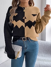 economico Blusa e Camicie di Halloween-Maglione da donna Halloween con zucca casual morbido grafica colletto a coste maniche lunghe top regolari lavorato a maglia arancione khaki autunno inverno pre-autunno