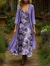 abordables Robe Fleurie-Femmes Robe Ensemble Robe Maxi Robe trapèze Vacances Boho Fleuri Graphique Superposé Imprimé Robe maxi Manche 3/4 Col en V Extérieur Quotidien Rouge Bleu Violet Claire Été Printemps Coupe régulière