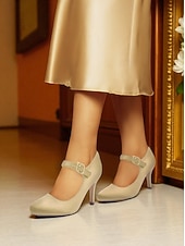 voordelige Cocktail-Champagnekleurige satijnen Mary Jane-hakken voor dames met kristallen gesp, elegante pumps met puntige neus voor cocktailparty&#039;s