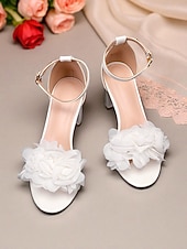 preiswerte Braut-Weiße, blumenverzierte Damen-Sandalen mit Blockabsatz – bequeme Hochzeitsschuhe mit Knöchelriemen, Brautschuhe, perfekt für Hochzeiten und besondere Anlässe