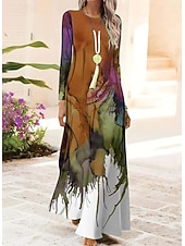 preiswerte Boho Kleid-Damen Maxikleid Shiftkleid A Linie Kleid Party Lässig Boho Täglich Date Ausgehen Normale Passform Ombre Grafik Batik Langarm Rundhalsausschnitt Rote Blau Orange Grün Frühling Herbst Winter
