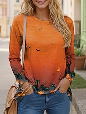 olcso Halloween felsők-Halloween Női Póló Hosszú Ujjú Kerek Nyakú Hosszú Ujjú Tunika Grafikus Szellem Vintage Stílusos Klasszikus Normál Felsők Napi Hétvégi Nyomtatás Kék Lila Zöld Tavasz Ősz Előnyár
