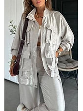 halpa Naisten puseropuvut-Naisten Puvut Mukava Kurenauha Tasku Täysi vetoketju Urheilu Muoti Päivittäin Retro Tavallinen Koulu Loma Koti Toimisto Cardigan Normaali Stand-kaula-aukko Loose Fit Pitkähihainen Päällysvaatteet