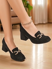 abordables Chaussures sans lacet et mocassins femme-Mocassins à talon carré en daim bordeaux pour femmes - chaussures habillées à enfiler à bout carré avec détail mors doré, style rétro classique pour le bureau, les tenues d&#039;affaires et les occasions