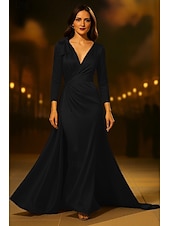 abordables Robes de bal-Robe de soirée trapèze dorée élégante, robe de mariée formelle, traîne courte, manches 3/4, col en V, satin avec nœud(s) froncé(s), 2025