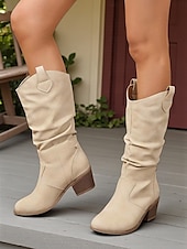 olcso Slouch Boots-női barna bő szárú, félvádrájú csizma – vastag sarkú, western stílusú csizma őszi divathoz, szabadtéri eseményekhez és hétköznapokra