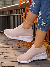 preiswerte Damen-Sneaker-Pinke Flyknit-Slip-On-Sneaker mit Strasssteinen für Damen – atmungsaktive, leichte Keilschuhe zum Spazierengehen, für Fitness und den lässigen Alltag