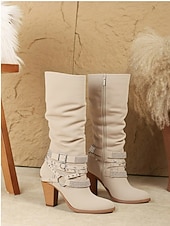 olcso Slouch Boots-női bézs lompos, térdig érő csizma csattal és szegecsekkel, vintage western stílusú őszi és téli alkalmi viselethez