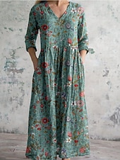 abordables Robe Fleurie-Femmes Robe Midi Robe trapèze Occasionnel Quotidien Coupe régulière Fleuri Manche 3/4 Col en V Jaune Vert foncé Marron Vert Été Printemps Automne