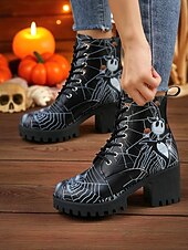 abordables Pour les femmes-Bottines de combat à talons épais pour femmes, motif tête de mort d&#039;Halloween et toile d&#039;araignée – bottines gothiques à lacets pour cosplay, porte-bonheur et mode automnale effrayante