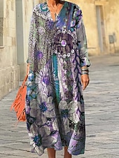 preiswerte Blumenkleider-Damen Midikleid Sommerkleid A Linie Kleid Urlaub Lässig Boho Ausgehen Strand Lässiger Schnitt Grafik Geometrisch Langarm V Ausschnitt Rote Purpur Grün Frühling Herbst Winter