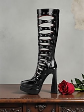 abordables Pour les femmes-Bottes hautes gothiques ajourées pour femmes, bottes à talons à lacets rétro avec design découpé, chaussures de costume élégantes pour tenues de fête d&#039;Halloween