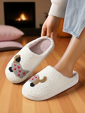 baratos Chinelos de mulher-Pantufas femininas de lã sintética branca com estampa fofa de corgi – chinelos confortáveis de inverno para casa, quarto e sala de estar