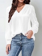 preiswerte Elegante Oberteile-Damen Hemd Bluse Einfach Modern Lässig Langarm V Ausschnitt Normale Oberteile Täglich Ferien Ausgehen Gerafft Schwarz Weiß Gelb Rosa Wein Herbst