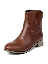 abordables Cowboy y botas occidentales-Botines de piel sintética color vino tinto para mujer: botas cortas de tacón bajo estilo western informal para el trabajo, viajes y atuendos cotidianos.