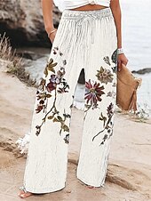 billiga breda ben och hög midja-Dam Brett skaft Byxor Palazzo byxor Mode Boho Fullängd Hög midja Blomma Snörning Elastisk midja Mönster Mateial som andas Bekväm Gata Dagliga kläder Utekväll Vit Vår Höst Normal