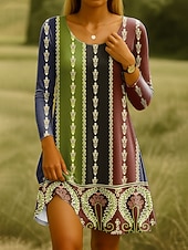 tanie Sukienka boho-Damskie Sukienka do kolan Sukienka dzianinowa Codzienne sukienki Sukienka t-shirtowa Sukienka letnia Codzienny Regularny Graficzny W Tureckie Wzory Długi rękaw Półgolf Rumiany róż Niebieski Fioletowy