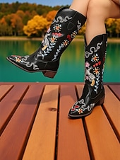 levne Cowboy &amp; Western Boots-Dámské vyšívané kovbojské boty do západního stylu s motivy zbraní a srdce - boty do poloviny lýtek vyjadřující lásku a mír, stylová městská ležérní obuv pro módní ženy