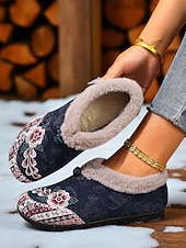 economico Scarpe di Natale per Donne-scarpe slip-on da donna con fodera in pelliccia ricamata rossa e motivo floreale, calde scarpe invernali per Natale, periodo festivo e abbigliamento casual
