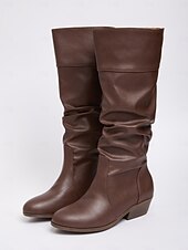 levne Slouch Boots-Dámské tmavě hnědé kozačky z umělé kůže – stylové kozačky na nízkém podpatku pro podzimní a zimní outfity