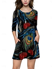 abordables Robes fleuries décontractées-Halloween Femmes Mini Robe Robe trapèze Élégant Occasionnel Coupe Ample Imprimé Manche 3/4 Col ras du cou Jaune Bleu Bleu Poudré Bleu de minuit Été Printemps Automne