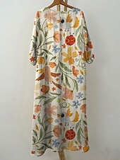preiswerte Blumenkleider-Damen Maxi Kleid Kaftan 3/4 Länge Ärmel Rundhalsausschnitt Lässiges Kleid A-Linie Kleid Boho Lockere Passform Florales Grafik V-Ausschnitt Weiß Gelb Hellgrün Grün Frühling Herbst